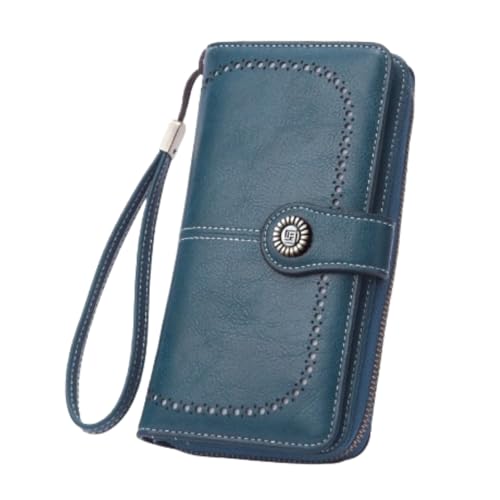 HSTWODE Geldbörse Damen,Portemonnaie Damen viele fächer,Groß Leder Portmonee Gross für Frauen,Große Kapazität Portemonnaie mit 13 Kartenfächer und Abnehmbarer Handschlaufe (Blau) von HSTWODE