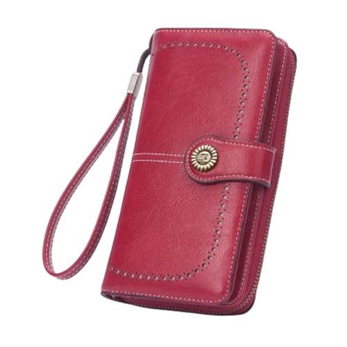 HSTWODE Geldbörse Damen,Portemonnaie Damen viele fächer,Groß Leder Portmonee Gross für Frauen,Große Kapazität Portemonnaie mit 13 Kartenfächer und Abnehmbarer Handschlaufe (Burgunderrot) von HSTWODE