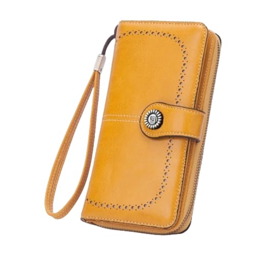 HSTWODE Geldbörse Damen,Portemonnaie Damen viele fächer,Groß Leder Portmonee Gross für Frauen,Große Kapazität Portemonnaie mit 13 Kartenfächer und Abnehmbarer Handschlaufe (Gelb) von HSTWODE