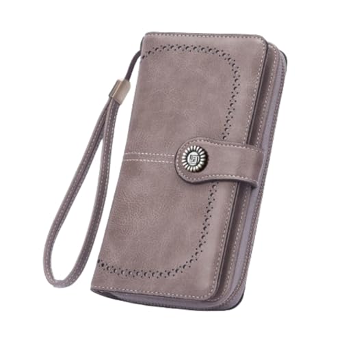 HSTWODE Geldbörse Damen,Portemonnaie Damen viele fächer,Groß Leder Portmonee Gross für Frauen,Große Kapazität Portemonnaie mit 13 Kartenfächer und Abnehmbarer Handschlaufe (Grau) von HSTWODE