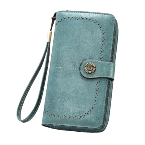 HSTWODE Geldbörse Damen,Portemonnaie Damen viele fächer,Groß Leder Portmonee Gross für Frauen,Große Kapazität Portemonnaie mit 13 Kartenfächer und Abnehmbarer Handschlaufe (Hellblau) von HSTWODE