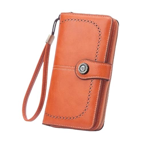 HSTWODE Geldbörse Damen,Portemonnaie Damen viele fächer,Groß Leder Portmonee Gross für Frauen,Große Kapazität Portemonnaie mit 13 Kartenfächer und Abnehmbarer Handschlaufe (Orange) von HSTWODE