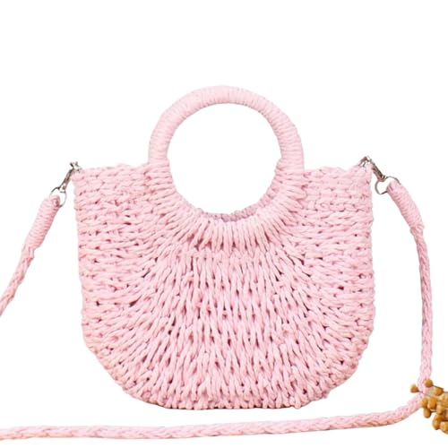 HSTWODE Stroh Strandtasche für Frauen, Sommer handgewebte Tote Bags Geldbörse mit Quaste, Top Griff Stroh Handtasche Clutch (Rosa) von HSTWODE