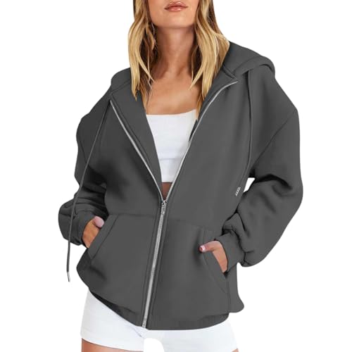 HSUAYEUD Damen Sweatjacke mit Kapuze Hoodie Damen Sweatjacke 2024 Kapuzenjacke Herbst Winter Sweatshirt Kapuzenpullover mit Kapuze Reißverschluss Mantel Zipper Pullover,Dark Gray,M von HSUAYEUD