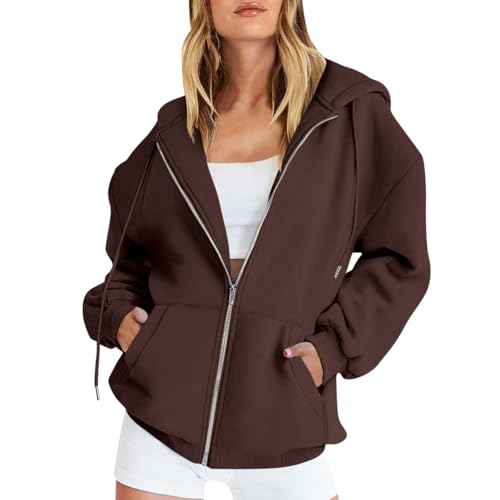 HSUAYEUD y2k Jacke Damen Sweatjacke Hoodie Sweatshirtjacke Pullover Oberteile Kapuzenpullover Einfarbig Full Zip Casual Hoodie Sweatshirt,Coffee,XL von HSUAYEUD