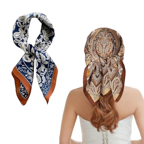 HSUYUN 2 Stück Seidentücher, 70 × 70 cm Haartücher Damen, Kunstseide Satin Tuch, Weich Quadratisch Seidenschal, 2 Designmuster, für Dekoration von Kleidung, Haaren oder Hals von HSUYUN