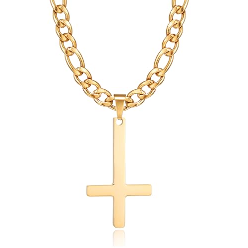 HSWYFCJY Kreuz kette Herren Kreuzkette Gold Edelstahl umgekehrtem Anhänger mit Kreuz Halskette für Männer Christliches Kreuz Halskette 28" von HSWYFCJY