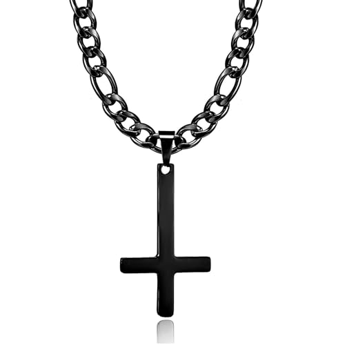 HSWYFCJY Kreuz kette Herren Kreuzkette Schwarz Edelstahl umgekehrtem Anhänger mit Kreuz Halskette für Männer Christliches Kreuz Halskette 24" von HSWYFCJY