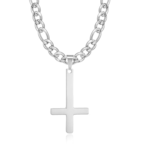 HSWYFCJY Kreuz kette Herren Kreuzkette Silber Edelstahl umgekehrtem Anhänger mit Kreuz Halskette für Männer Christliches Kreuz Halskette 20" von HSWYFCJY