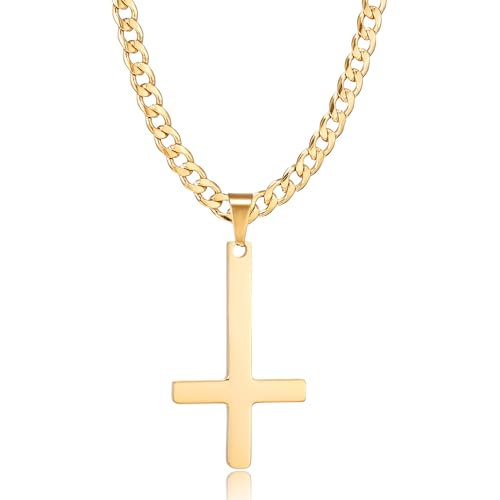 HSWYFCJY Kreuz kette Herren Kreuzkette Gold Edelstahl umgekehrtem Anhänger mit Kreuz Halskette für Männer Christliches Kreuz Halskette 24" von HSWYFCJY