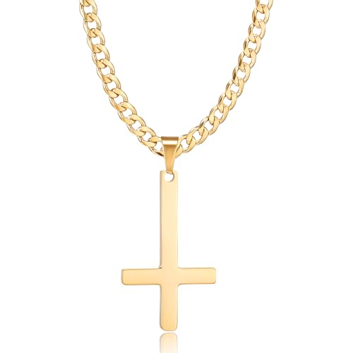 HSWYFCJY Kreuz kette Herren Kreuzkette Gold Edelstahl umgekehrtem Anhänger mit Kreuz Halskette für Männer Christliches Kreuz Halskette 20" von HSWYFCJY