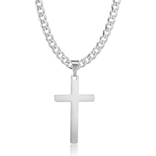 HSWYFCJY Kreuz kette Herren Kreuzkette Silber Edelstahl umgekehrtem Anhänger mit Kreuz Halskette für Männer Christliches Kreuz Halskette 20" von HSWYFCJY