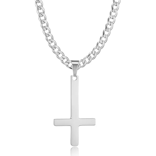 HSWYFCJY Kreuz kette Herren Kreuzkette Silber Edelstahl umgekehrtem Anhänger mit Kreuz Halskette für Männer Christliches Kreuz Halskette 24" von HSWYFCJY