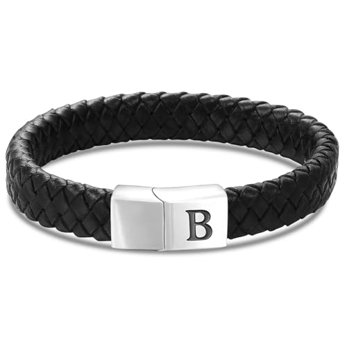 HSWYFCJY Lederarmband Armband Herren Lederkette Personalisiert Buchstabe B Armband Verschluss MäNner Schwarz Geflochten Leder ArmbäNder Wickelarmband Geschenk FüR Vater von HSWYFCJY