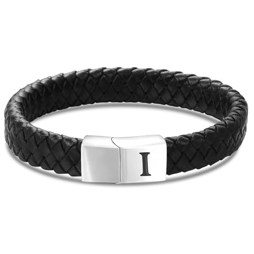 HSWYFCJY Lederarmband Armband Herren Lederkette Personalisiert Buchstabe I Armband Verschluss MäNner Schwarz Geflochten Leder ArmbäNder Wickelarmband Geschenk FüR Vater von HSWYFCJY