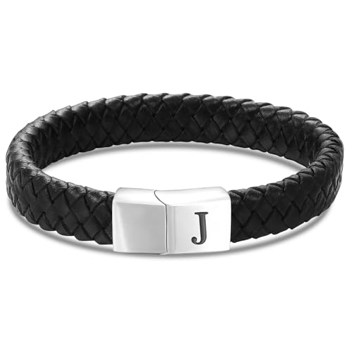 HSWYFCJY Lederarmband Armband Herren Lederkette Personalisiert Buchstabe J Armband Verschluss MäNner Schwarz Geflochten Leder ArmbäNder Wickelarmband Geschenk FüR Vater von HSWYFCJY