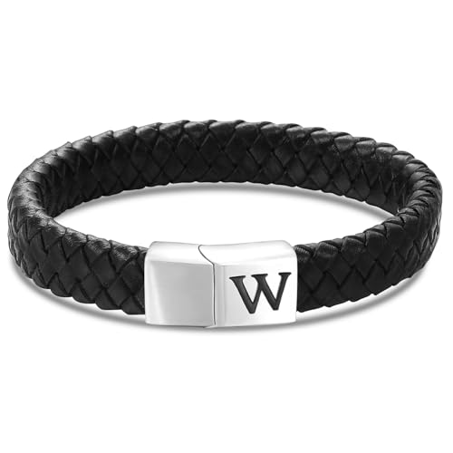 HSWYFCJY Lederarmband Armband Herren Lederkette Personalisiert Buchstabe W Armband Verschluss MäNner Schwarz Geflochten Leder ArmbäNder Wickelarmband Geschenk FüR Vater von HSWYFCJY