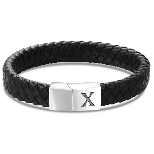 HSWYFCJY Lederarmband Armband Herren Lederkette Personalisiert Buchstabe X Armband Verschluss MäNner Schwarz Geflochten Leder ArmbäNder Wickelarmband Geschenk FüR Vater von HSWYFCJY