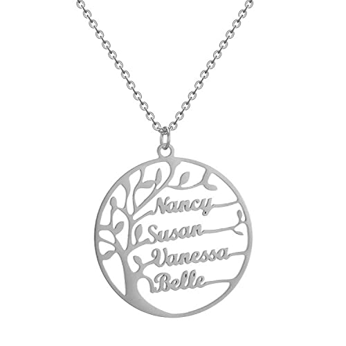 HSWYFCJY Namenskette Baum des Lebens，Personalisiert lebensbaum Kette mit Namen，Silber Gold Roségold Namen Kette Halskette Schmuck für Damen，Familien von HSWYFCJY