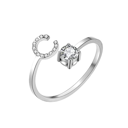 HSWYFCJY Silber Damen Ring mit Buchstabe, Offener Verstellbare Initiale Ring für Frauen, Alphabet A-Z Zirkonia DamenRing aus Edelstahl von HSWYFCJY