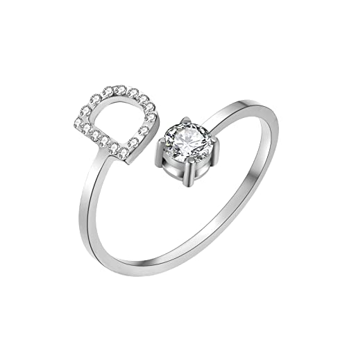 HSWYFCJY Silber Damen Ring mit Buchstabe, Offener Verstellbare Initiale Ring für Frauen, Alphabet A-Z Zirkonia DamenRing aus Edelstahl von HSWYFCJY