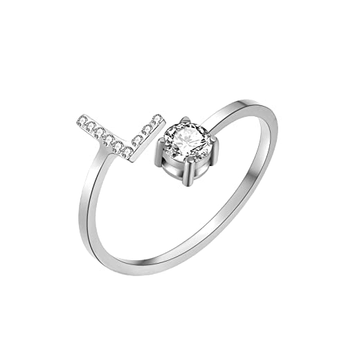 HSWYFCJY Silber Damen Ring mit Buchstabe, Offener Verstellbare Initiale Ring für Frauen, Alphabet A-Z Zirkonia DamenRing aus Edelstahl von HSWYFCJY