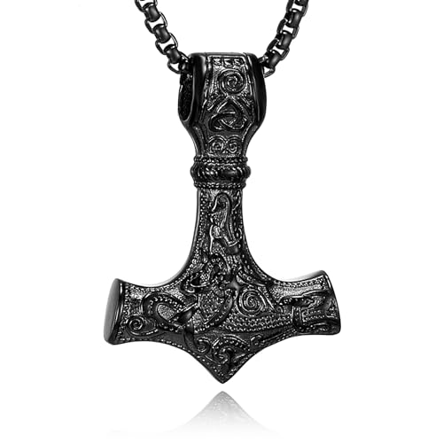 HSWYFCJY Wikinger Thor Hammer Halskette Herren Wikinger Mjölnir Edelstahl Kette für Männer Deko Kette Wikinger Geschenke Männer Schmuck,28" Silber/Schwarz/Gold 28Zoll von HSWYFCJY