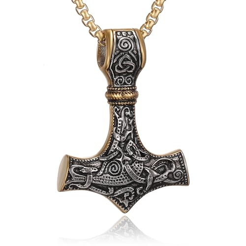 HSWYFCJY Wikinger Thor Hammer Halskette Herren Wikinger Mjölnir Edelstahl Kette für Männer Deko Kette Wikinger Geschenke Männer Schmuck,20" Silber/Schwarz/Gold 20Zoll von HSWYFCJY