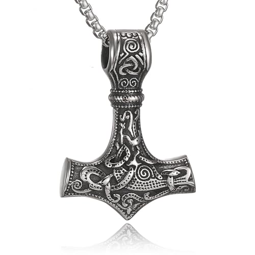 HSWYFCJY Wikinger Thor Hammer Halskette Herren Wikinger Mjölnir Edelstahl Kette für Männer Deko Kette Wikinger Geschenke Männer Schmuck,28" Silber/Schwarz/Gold 28Zoll von HSWYFCJY