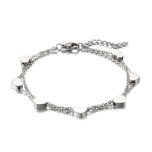 HSWYFCJY Silber Damen Armband mit Herz Anhängern,Layered Doppelt Kette Armband für Frauen,Armkette Edelstahl für Mädchen von HSWYFCJY