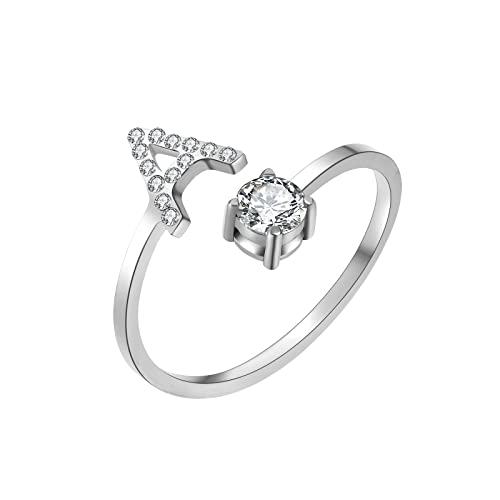 HSWYFCJY Silber Damen Ring mit Buchstabe, Offener Verstellbare Initiale Ring für Frauen, Alphabet A-Z Zirkonia DamenRing aus Edelstahl von HSWYFCJY