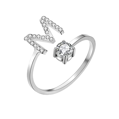 HSWYFCJY Silber Damen Ring mit Buchstabe, Offener Verstellbare Initiale Ring für Frauen, Alphabet A-Z Zirkonia DamenRing aus Edelstahl von HSWYFCJY