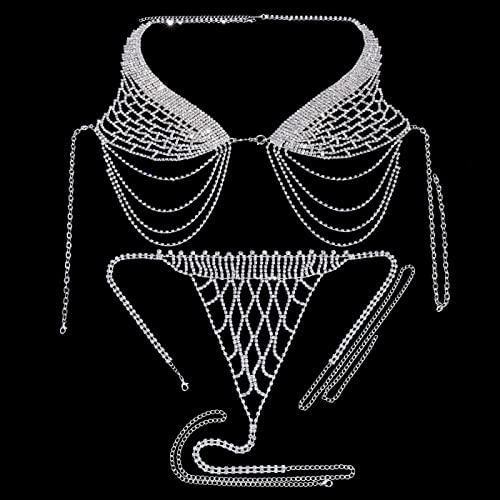 Körperketten Dessous Fransen Strass BH Kette Sling Damen Sexy Mode Bikini BH Tanga Körperschmuck Set (3 b) von HSYHKDSY