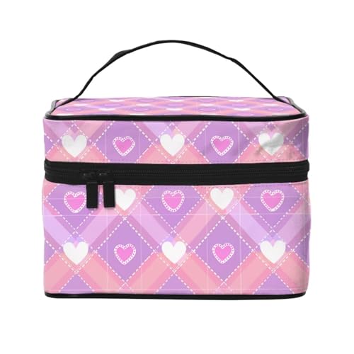 HSYOYO Make-up-Tasche für Damen, Reise-Kosmetiktasche, groß, tragbar, Kulturbeutel, Hautpflege-Organizer-Tasche, Violettes kariertes Herz, Einheitsgröße von HSYOYO