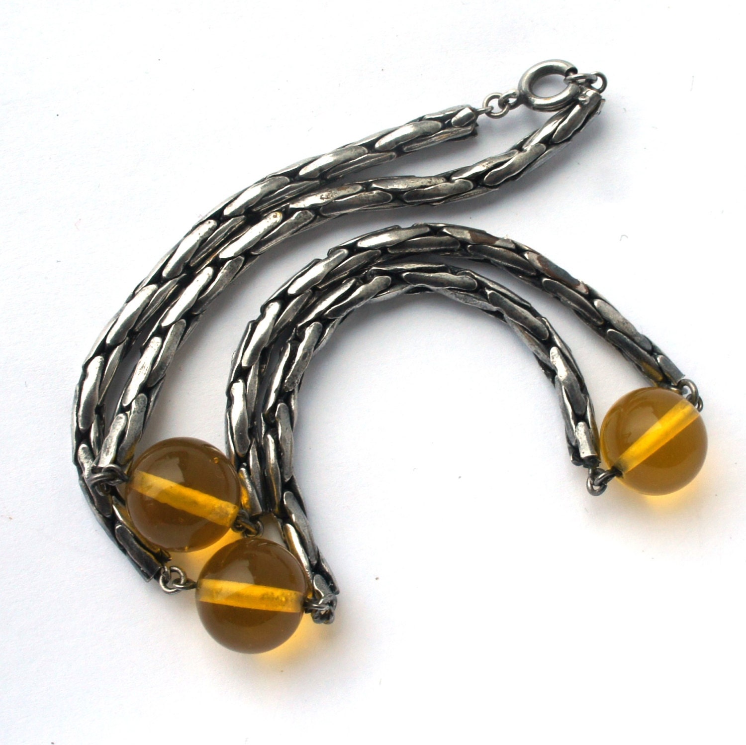 Vintage Art-Deco-Fancy Sterling Silber Link Gelb Citrin Glas Bead Studio Artisan Halskette Vintage Art-Deco-Fancy Sterling Silber Link Gelb Citrin Glas Bead Studio Artisan Halskette von HStewartH