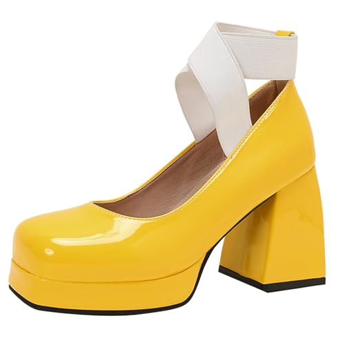 HSyc JRX Blockabsatz High Heels Lack Pumps mit Elastisches Band Plateau Elegant Schuhe Gelb 41.5 HSyc JRX Blockabsatz High Heels Lack Pumps mit Elastisches Band Plateau Elegant Schuhe Gelb 41.5 von HSyc JRX