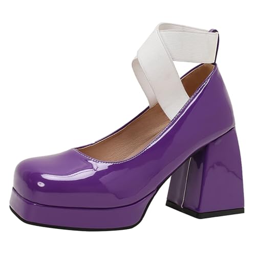 HSyc JRX Blockabsatz High Heels Lack Pumps mit Elastisches Band Plateau Elegant Schuhe Lila 42.5 von HSyc JRX