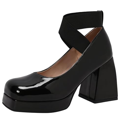 HSyc JRX Blockabsatz High Heels Lack Pumps mit Elastisches Band Plateau Elegant Schuhe Schwarz 38 von HSyc JRX