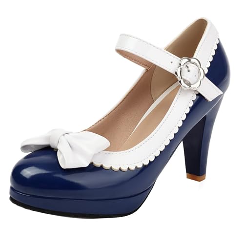 HSyc JRX Blockabsatz High Heels Pumps Plateau Lack Mary Jane Damen Schuhe Blau 37 von HSyc JRX