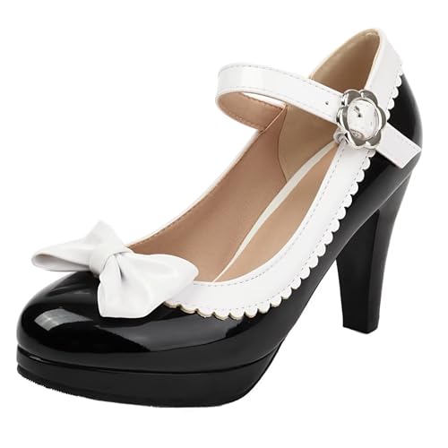 HSyc JRX Blockabsatz High Heels Pumps Plateau Lack Mary Jane Damen Schuhe Schwarz 44 von HSyc JRX