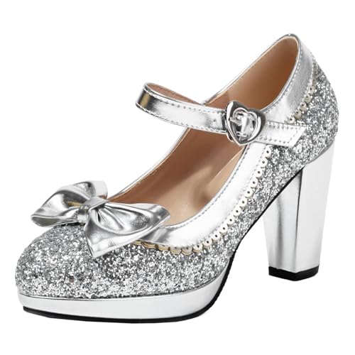 HSyc JRX Damen Blockabsatz High Heels Glitzer Pumps mit Schleife Mary Jane Plateau Schuhe 37 von HSyc JRX