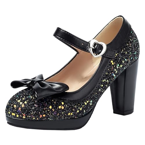 HSyc JRX Damen Blockabsatz High Heels Glitzer Pumps mit Schleife Mary Jane Plateau Schuhe 38.5 von HSyc JRX