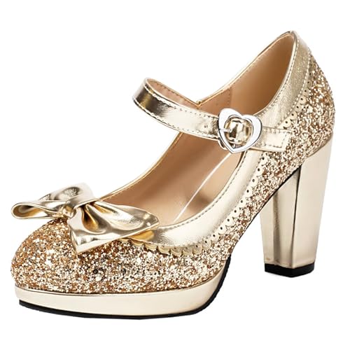 HSyc JRX Damen Blockabsatz High Heels Glitzer Pumps mit Schleife Mary Jane Plateau Schuhe 44 von HSyc JRX