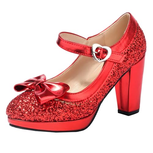 HSyc JRX Damen Blockabsatz High Heels Glitzer Pumps mit Schleife Mary Jane Plateau Schuhe 45 von HSyc JRX