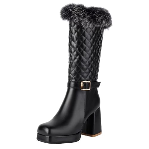 HSyc JRX Damen Blockabsatz High Heels Halbstiefel mit Plateau und Fell Langschaft Winterstiefel 43 von HSyc JRX