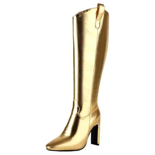 HSyc JRX Damen Blockabsatz High Heels Kniehohe Stiefel mit 10cm Absatz Knee High Boots 45 von HSyc JRX