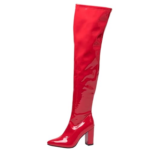 HSyc JRX Damen Blockabsatz High Heels Overknee Stiefel mit Reißverschluss Lack Stiefel 41 von HSyc JRX