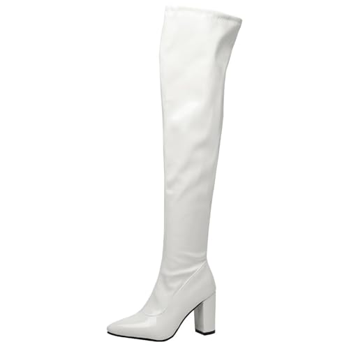 HSyc JRX Damen Blockabsatz High Heels Overknee Stiefel mit Reißverschluss Lack Stiefel 43 von HSyc JRX