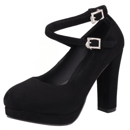 HSyc JRX Damen Blockabsatz High Heels Plateau Pumps mit Riemchen Elegant Wildleder Schuhe 36 von HSyc JRX