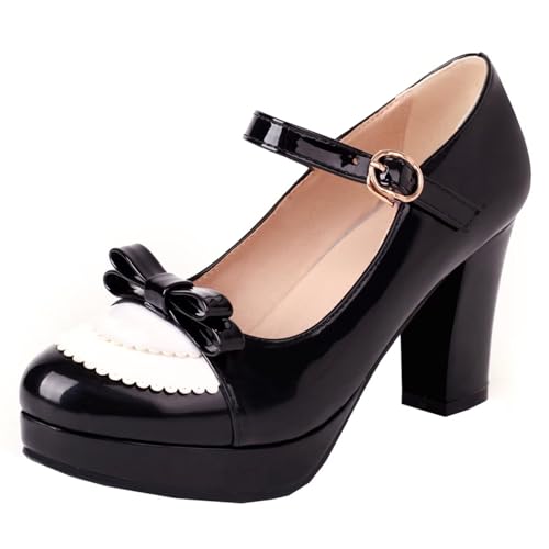 HSyc JRX Damen Blockabsatz High Heels Plateau Pumps mit Schleife Lack Mary Jane Schuhe 41.5 von HSyc JRX